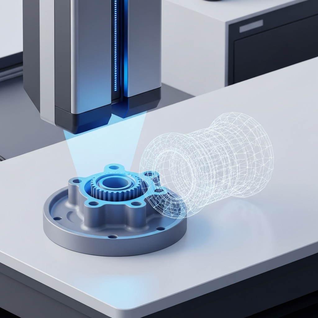 A detailed flat illustration depicting a high-tech 3D scanning process. A sleek, professional-grade structured light scanner emits a blue light pattern onto a complex mechanical part resting on a clean, light-colored surface. The scanner's light highlights the intricate details of the physical object. Simultaneously, a translucent, ethereal digital mesh model of the same object is shown emerging and forming around the scanned part, visually representing the capture of its geometry. The background is minimalist, suggesting a clean lab or workshop environment, emphasizing the transformation from physical to digital.