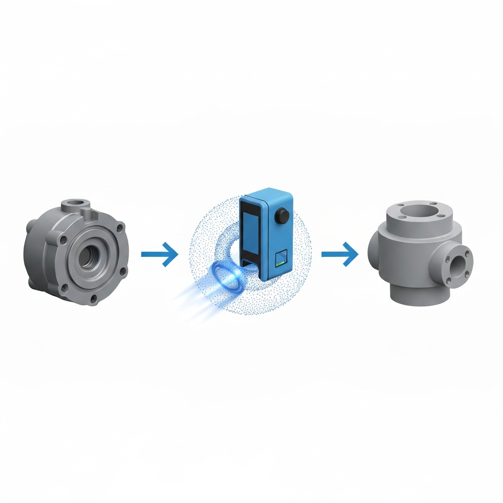 A clear, professional infographic-style illustration demonstrating the concept of reverse engineering. The image shows a three-stage progression. On the left, a detailed physical object, such as a legacy machine component, is depicted. An arrow points from this physical object to a central element: a dynamic visual of a 3D scanner actively capturing data, creating a swirling point cloud effect. Another arrow points from this scanning/data acquisition stage to the right, where a perfectly clean, editable 3D CAD model of the original object is showcased, ready for manufacturing or modification. Use a consistent, modern color palette.