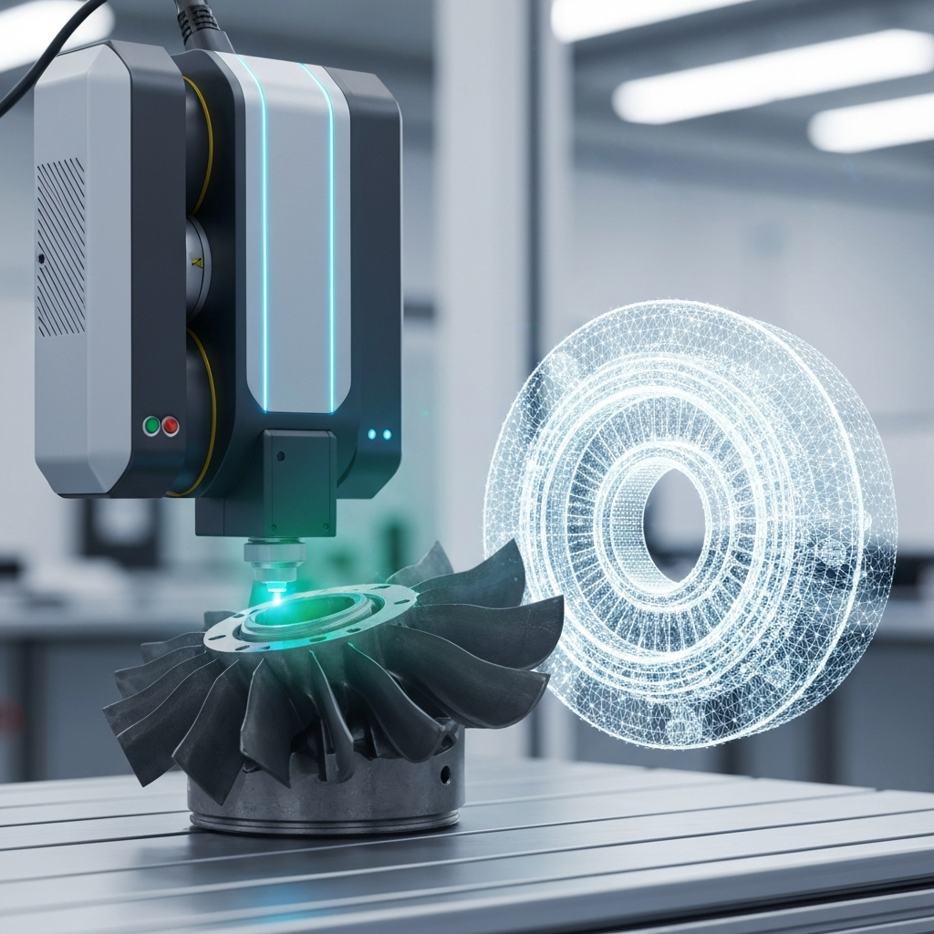 A professional photo capturing a sleek, modern 3D laser scanner actively acquiring data from a complex, metallic industrial component, such as an engine part or a turbine blade. The scanner emits a distinct blue or green laser light onto the object's surface. Adjacent to the physical object, a luminous, semi-transparent digital mesh or point cloud visualization of the part begins to form, symbolizing its transformation into a CAD model. The setting is a pristine, high-tech German manufacturing or R&D lab, hinting at precision engineering. The overall aesthetic is innovative, precise, and forward-looking.
