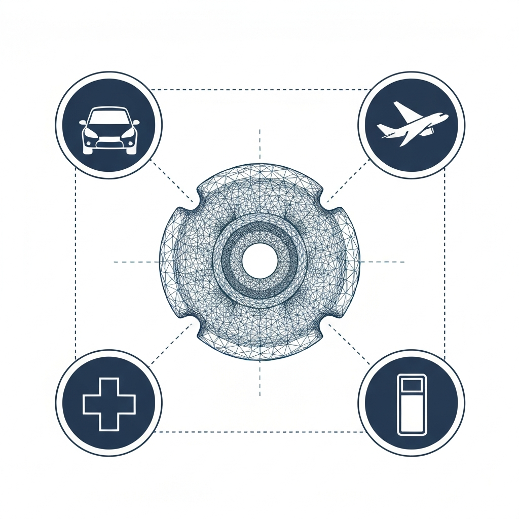 A detailed, flat illustration showcasing the output and applications of 3D scanning across diverse industries. At the core, a highly intricate digital 3D model, depicted as a wireframe or polygonal structure, represents a complex component (e.g., an advanced medical implant or an aerospace part). Emanating from this central digital model are distinct, stylized icons symbolizing key sectors: an automobile silhouette, an aircraft wing, a medical cross, and a consumer product outline. These elements are interconnected by subtle lines, visually emphasizing the widespread utility of digital twins for reverse engineering, quality assurance, and innovation. The color scheme is clean, modern, and professional.