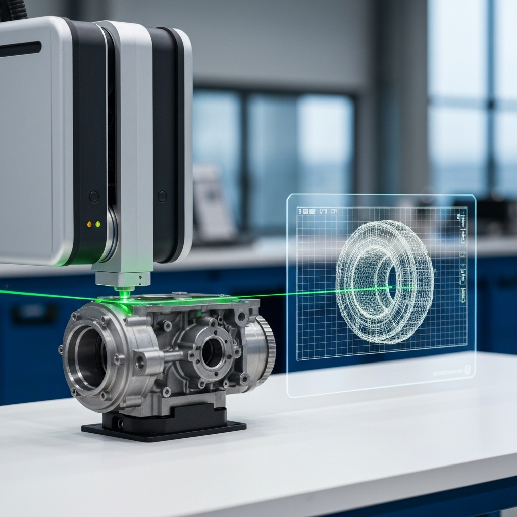 A professional photo capturing a high-precision industrial 3D laser scanner in operation. The scanner, sleek and modern, is actively emitting a green or blue laser line across the surface of a complex metallic machinery component, perhaps an engine part, positioned on a clean workbench. Adjacent to this, a translucent, holographic display shows the digital 3D point cloud model of the component rapidly forming, glowing with intricate detail. The background is a subtly blurred, contemporary German industrial lab, hinting at advanced technology and meticulous engineering. The focus is on the transformation from physical object to digital data. Do NOT ask for any text, words, letters, titles, captions, or typography on the image. All images must be purely visual.