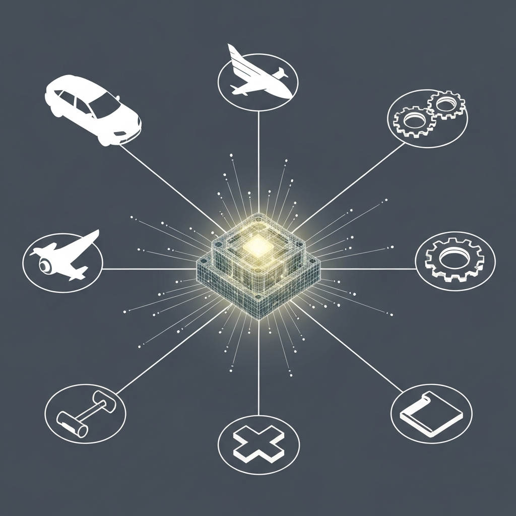 A modern flat illustration or sleek isometric digital art, depicting a central, intricate digital 3D mesh model of a generic industrial component, glowing softly. From this central digital model, stylized data streams or light rays radiate outwards to connect with abstract, minimalist representations of various German industries. These include a partial car silhouette for automotive, a stylized wing or turbine for aerospace, an interlocking gear icon for general machinery, a conceptual medical device outline, and a sleek consumer product shape. The overall composition should be clean, professional, and visually emphasize connectivity and diverse application without any text. Do NOT ask for any text, words, letters, titles, captions, or typography on the image. All images must be purely visual.